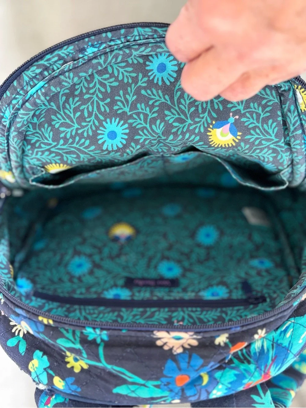 Vera Bradley Black Floral Mini Backpack with Teal, Yellow and White Flowers